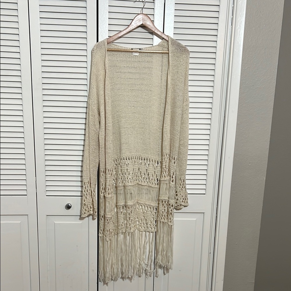 Cream Crochet Cardigan with Fringe